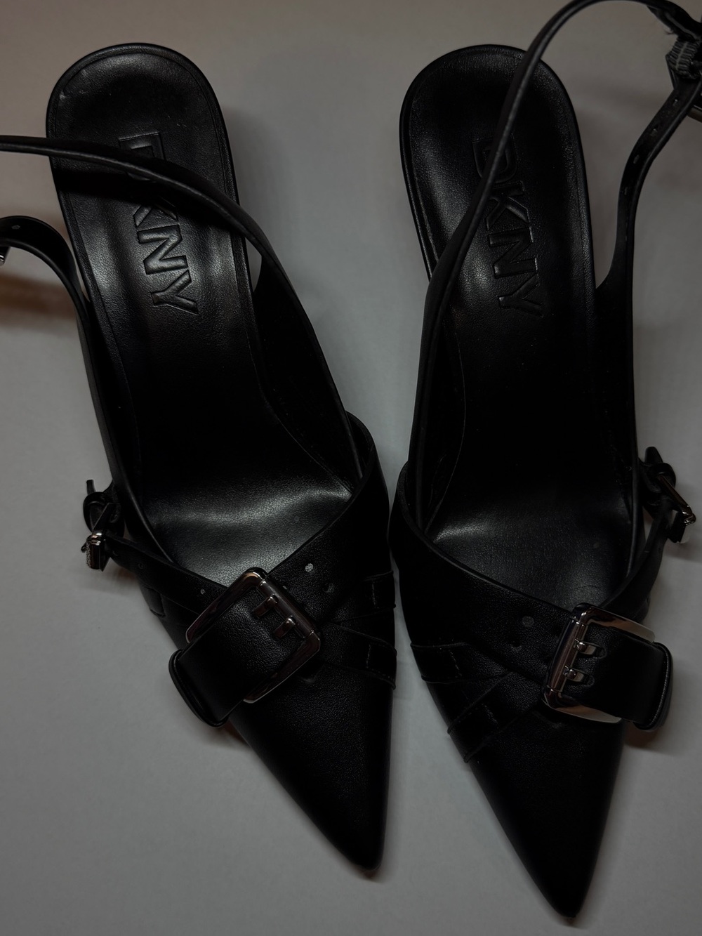 DKNY Black Pointed Leather Slingback Heels with Buckle
